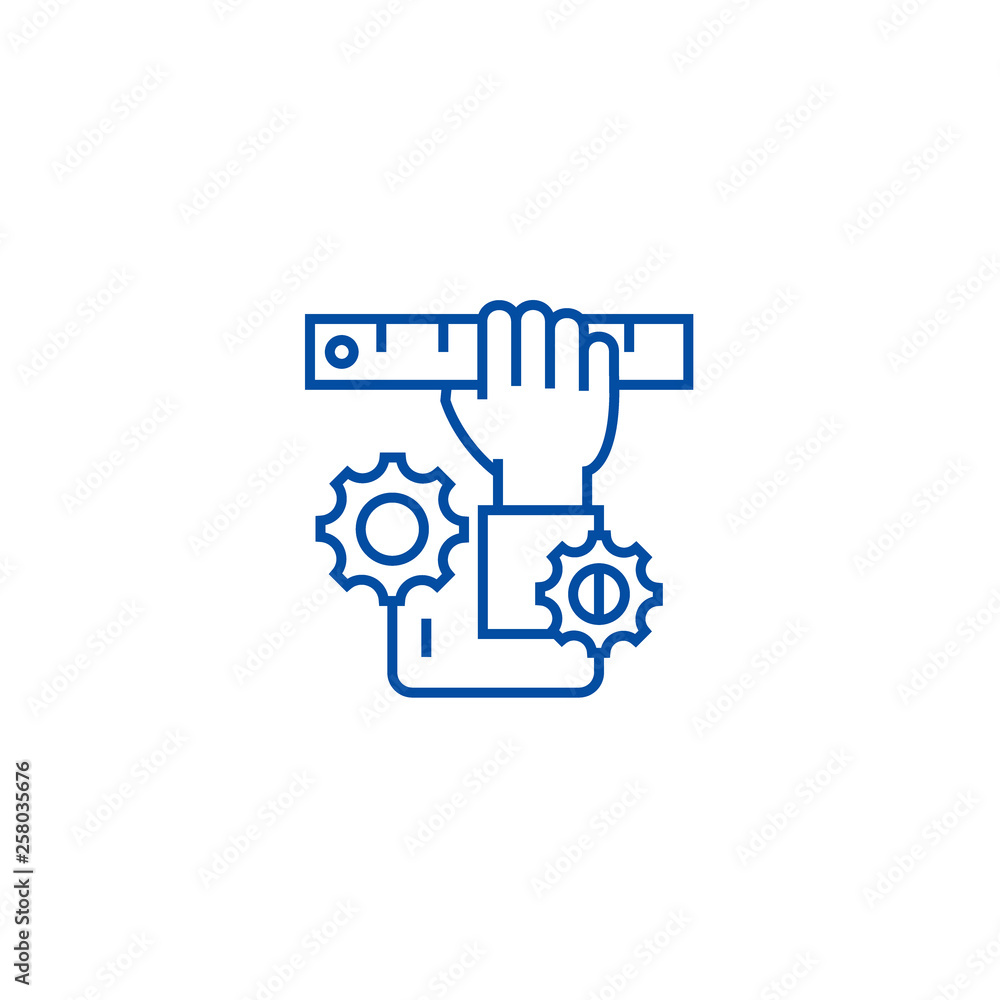 Poster development, hand with ruler line concept icon. development, hand with ruler flat vector website sig