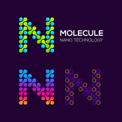 Letter N Logotype with Dots or Points and Curve , Circle Shape and Line Connected, Molecule and Nano Technology logo, Innovation and DNA Icons, Medicine Cosmetics Symbols, Science Laboratory Signs 