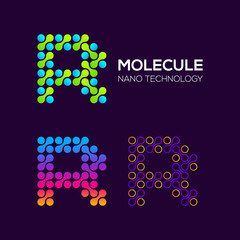 Letter R Logotype with Dots or Points and Curve , Circle Shape and Line Connected, Molecule and Nano Technology logo, Innovation and DNA Icons, Medicine Cosmetics Symbols, Science Laboratory Signs 