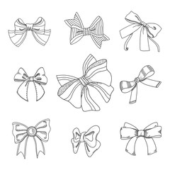 Set of different bows and ribbon knots. Hand drawn isolated vector - 258036286