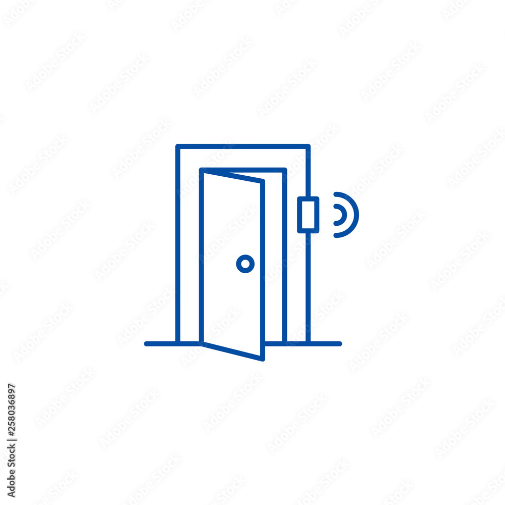 Poster door signal security line concept icon. door signal security flat vector website sign, outline symbo