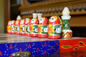 Chess figure nesting doll. Matryoshka. Russian wooden toy.
