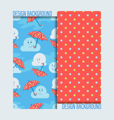 Funny clouds and umbrellas and polka dot background. Seamless patterns. Design for baby textiles, tableware, background image.