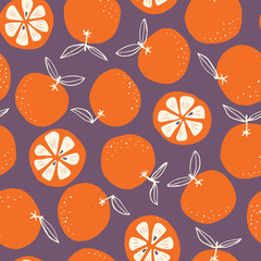 Whimsical colorful hand-drawn abstract doodle oranges vector seamless pattern on dark background