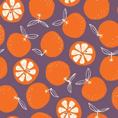 Wall murals Orange Whimsical colorful hand-drawn abstract doodle oranges vector seamless pattern on dark background