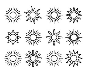 Sun symbol collection. Line vector icon set. Sunlight signs. Weather forecast. Isolated objects