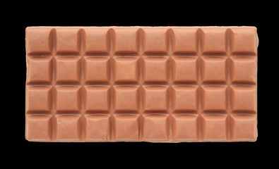 Chocolate bar isolated on black background. Top view.