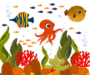 Fototapeta na wymiar Underwater life postcard. Cute ocean animals and corals. Use for postcard, print, packaging, etc.