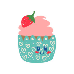 Cute Delicious Cupcake Cartoon Character, Adorable Kawaii Dessert with Strawberry Vector Illustration