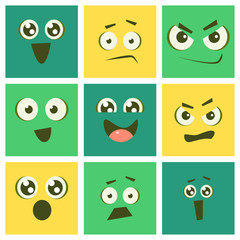 Cute Kawaii Emoticons Set, Emoji Squares with Funny Faces and Different Emotions Vector Illustration