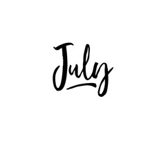 July lettering. Hand drawn vactor word. Ink handwritten text for calendar. Black illustration isolated on white backrground.