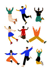 Happy People of Different Nationalities Jumping, Young Men and Women Dancing Vector Illustration