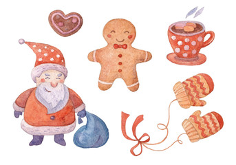 Fototapeta premium Merry Christmas set. Santa, gingerbread man, mittens, cocoa. Watercolor illustrations.