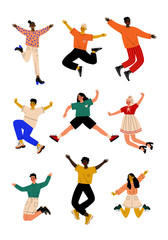 Fototapeta na wymiar Happy People o Jumping, Young Men and Women Dancing Vector Illustration