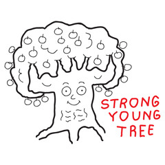 Cartoon doodle illustration of cute strong tree for coloring book, t-shirt print design, greeting card