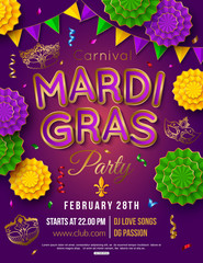 Mardi Gras party poster. Shrove tuesday. Vector illustration