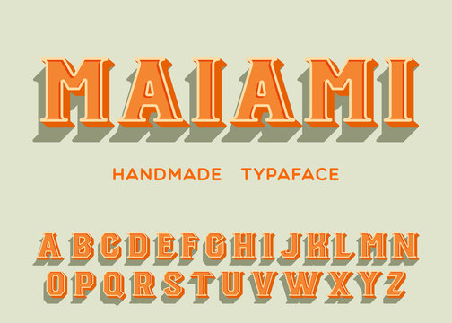 Maiami. Vintage 3d alphabet. Sign Inspired Super Detailed Realistic Retro Typeace. Vector Illustration.