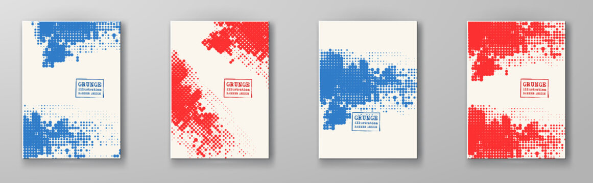 Halftone Illustration Set. Red Blue Color Brochure.