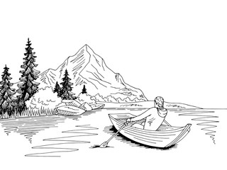 Man rowing in a boat lake mountain graphic black white landscape sketch illustration vector