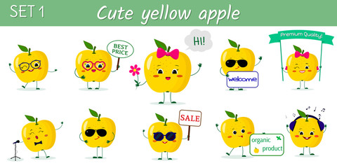 Set of ten cute kawaii yellow apples characters in various poses and accessories in cartoon style. Vector illustration, flat design