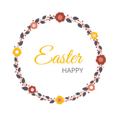 Happy Easter card April. Vector illustration contains hand drawn wreath and spring flowers on light background. Festive concept