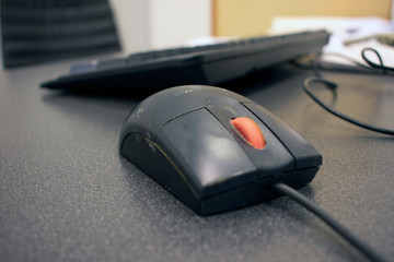 Work colleges filthy computer mouse, close up