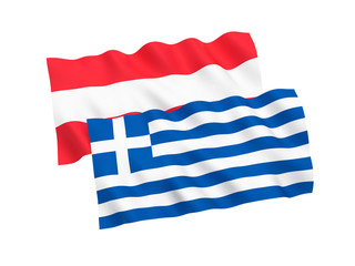Obraz premium National fabric flags of Austria and Greece isolated on white background. 3d rendering illustration. 1 to 2 proportion.