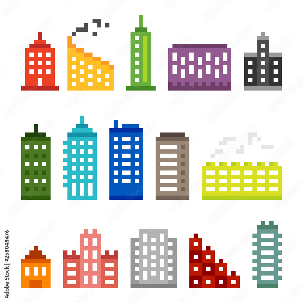 Poster 8-bit pixel style building icons. flat design style minimal vector illustration