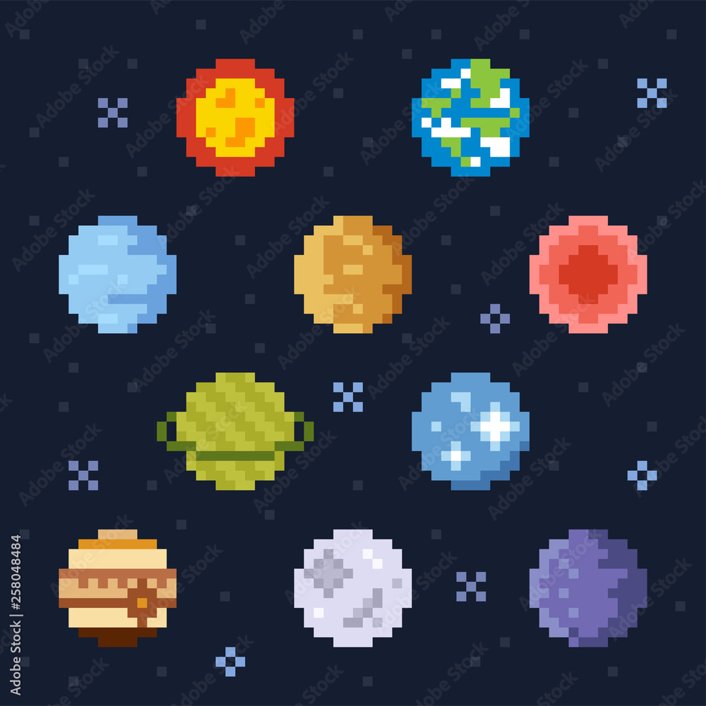 Poster 8-bit pixel-style solar system planets. flat design style minimal vector illustration