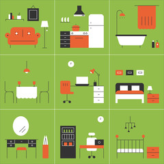 Room interior and furniture set. flat design style minimal vector illustration