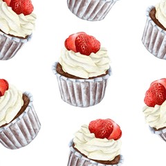 Hand drawn repeating cupcake pattern, watercolor seamless background. Food illustration.