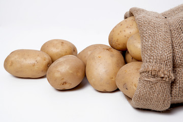 Fototapeta premium Burlap sack with potatoes on the white background.