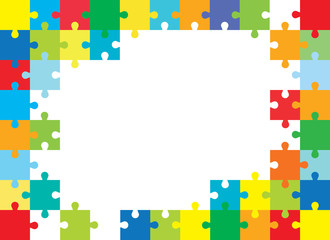 Multi-colored background from separate pieces of mosaic (puzzles) on a white background. Business, merger, joining, teamwork.