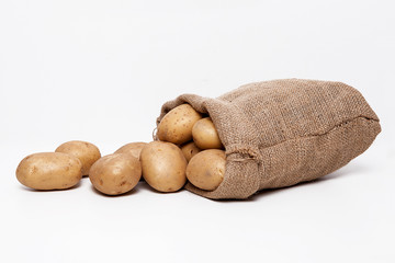  Burlap sack with potatoes on the white background.