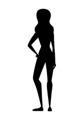 Black silhouette. Pretty women standing, back view. Cartoon character design. Cute brown hair girl. Flat vector illustration isolated on white background