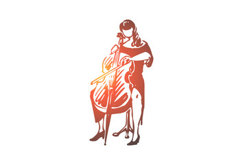 Bass, musician, woman, performance, music concept. Hand drawn isolated vector.