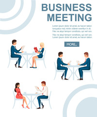 Business meeting concept. Man and women sit on wooden chair and talking. Flat vector illustration on white background. Business concept, place for text and button