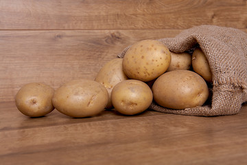 Burlap sack with potatoes on the wooden table.