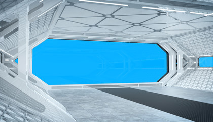 White blue spaceship futuristic interior mockup with window view 3d rendering