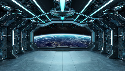 Dark blue spaceship futuristic interior with window view on planet Earth 3d rendering © sdecoret