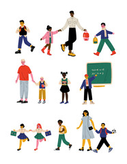 Fototapeta na wymiar Parents and Their Children Walking to School in Morning, Cute Students Boys and Girls Studying at School Vector Illustration