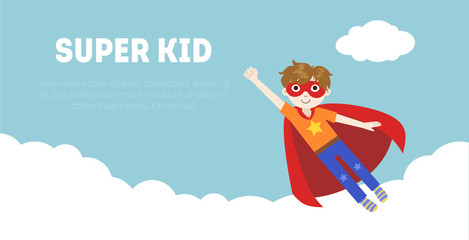Super Kid Banner, Cute Boy in Superhero Costume and Mask Flying in Sky Vector Illustration