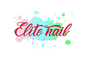 Hand lettering Elite nail studio on watercolor spot. Vector logo. Modern Calligraphy.
