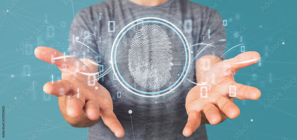 Poster businessman holding a digital fingerprint identification and binary code 3d rendering