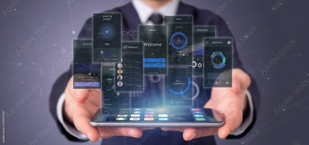 Poster businessman holding user interface screens with icon, stats and data 3d rendering