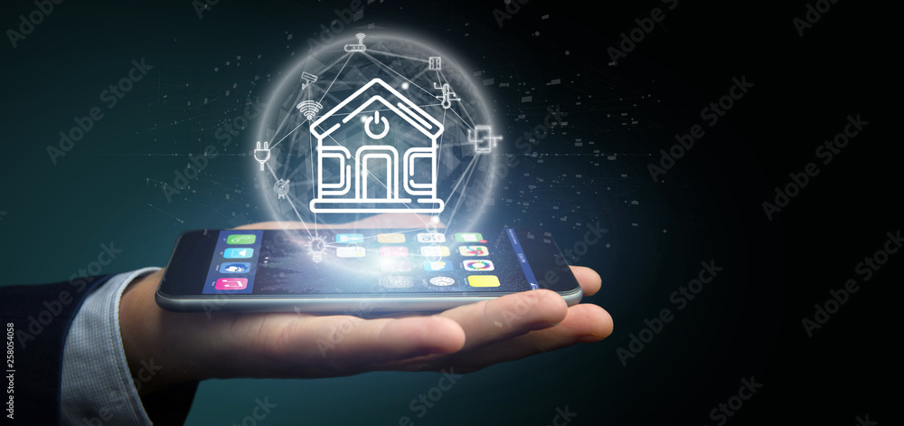 Poster businessman holding smart home interface with icon, stats and data 3d rendering