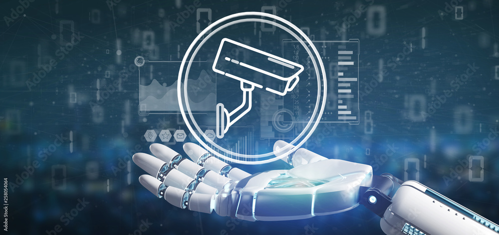Poster cyborg holding security camera system icon and statistics data - 3d rendering