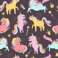 Seamless pattern with fairy unicorns