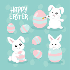 Happy easter set cute funny bunny and easter eggs vector illustration