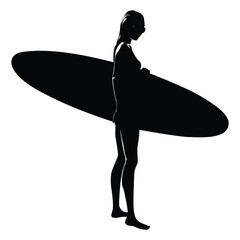 Silhouette of a woman with surfboard, white background